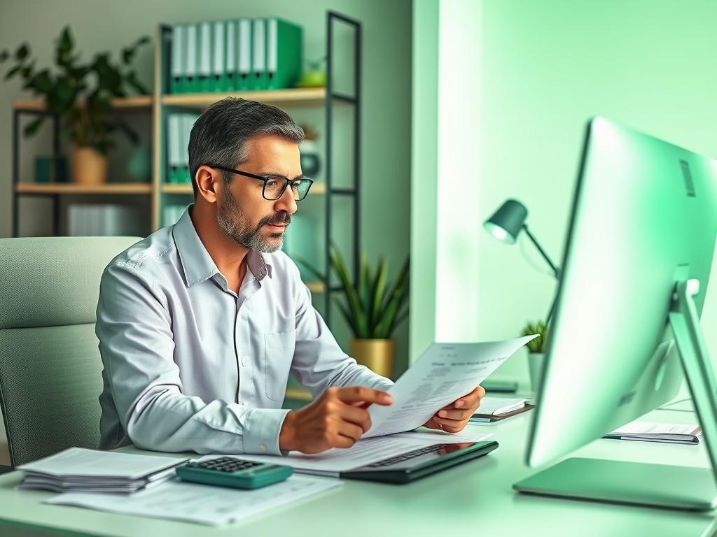 A professional tax preparer working at a desk, reviewing documents