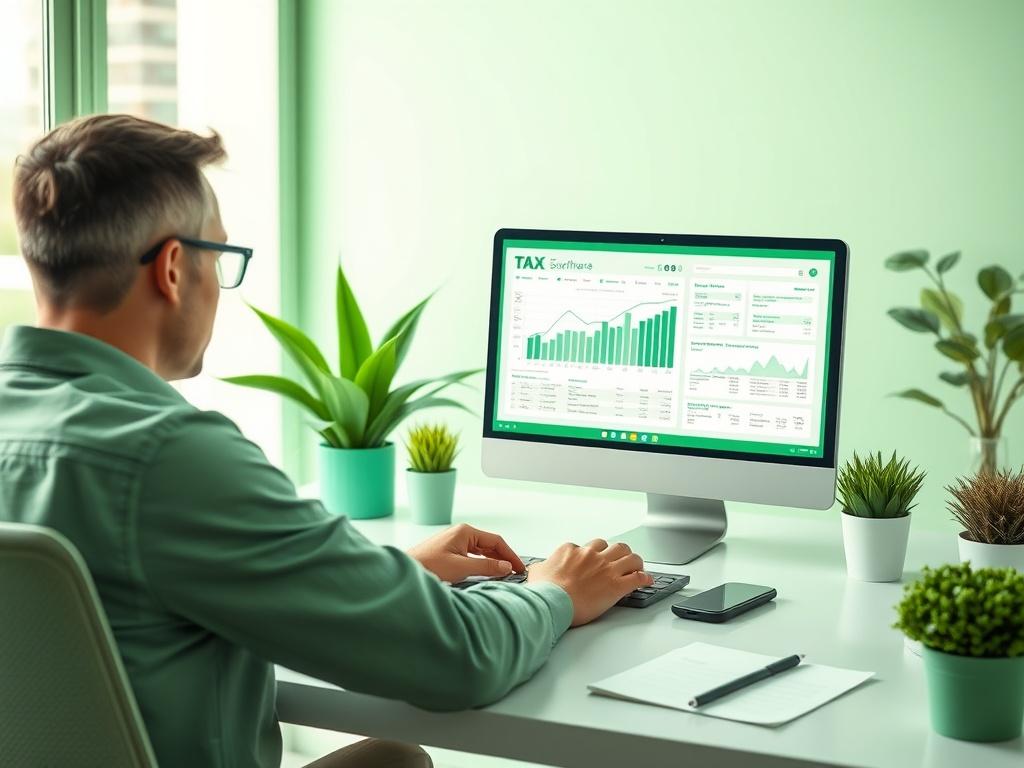 A person using tax software on a laptop at a