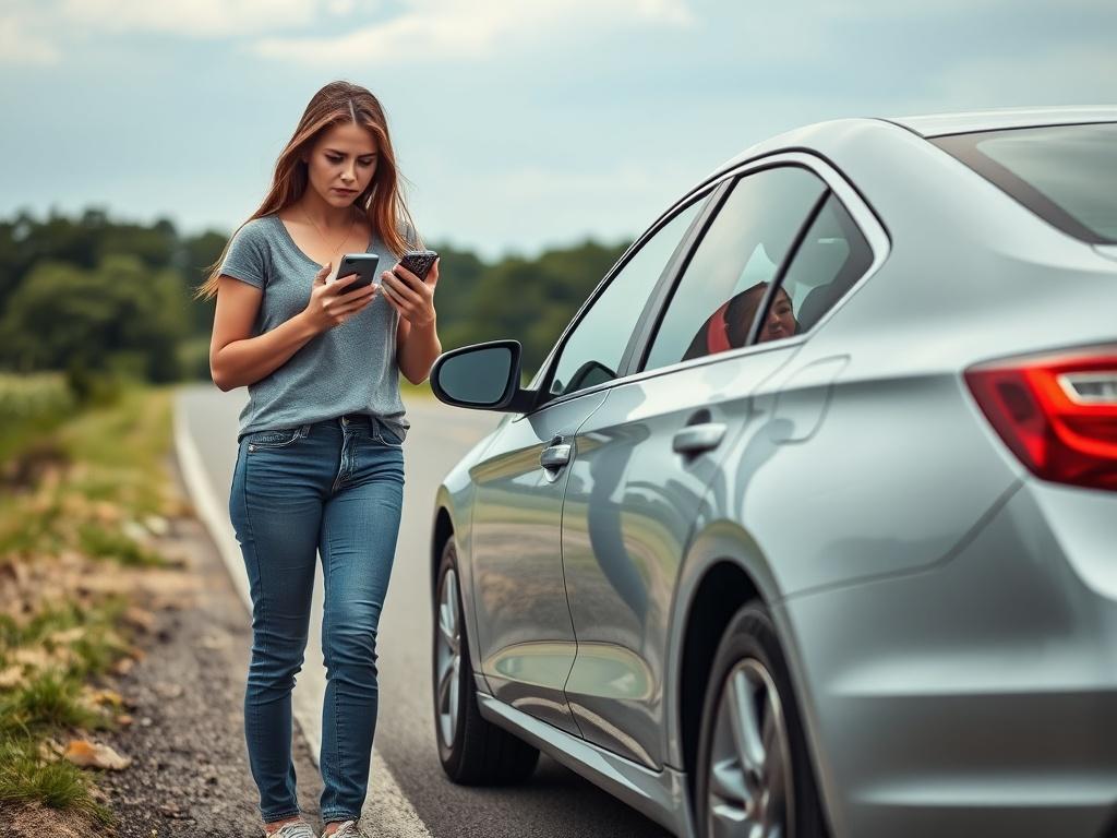 A realistic high-resolution photo focusing on a woman standing beside a car on the side of a road with a flat tire. The woman looks distressed, wearing casual clothing and holding a smartphone as if she is seeking help. The car is a modern sedan with a flat tire, parked on a rural road with greenery in the background. The scene captures a sense of urgency and need for roadside assistance.