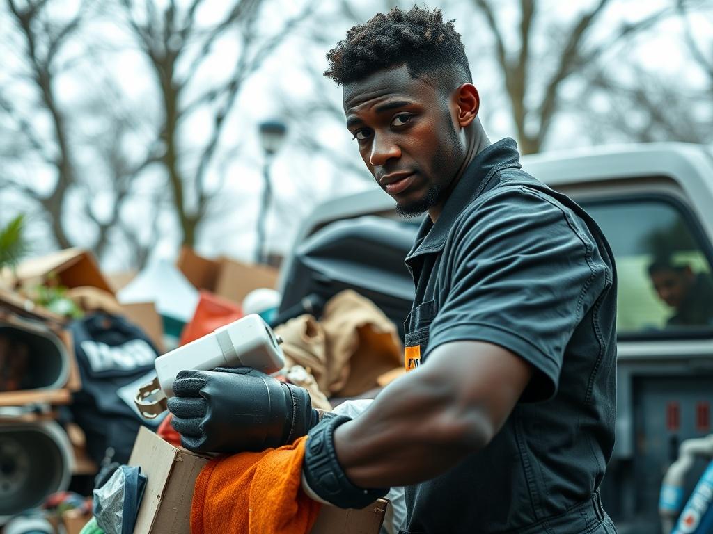 A close-up shot of a young Black handyman loading junk into a truck, with a focus on the items being removed. The background should depict a cluttered backyard or garage, emphasizing the transformation happening. The handyman wears a branded uniform, showcasing the company's commitment to professionalism and efficient service.