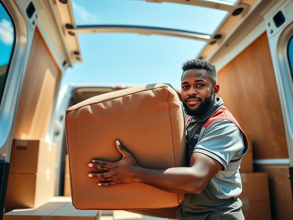 A close-up shot of a young Black handyman carefully loading a couch into a moving van, showcasing professionalism and reliability. The background should be a bright, suburban setting with a clear blue sky, emphasizing a sunny day. The handyman wears a branded uniform, reflecting the company's identity, and there should be moving boxes neatly arranged around the van.
