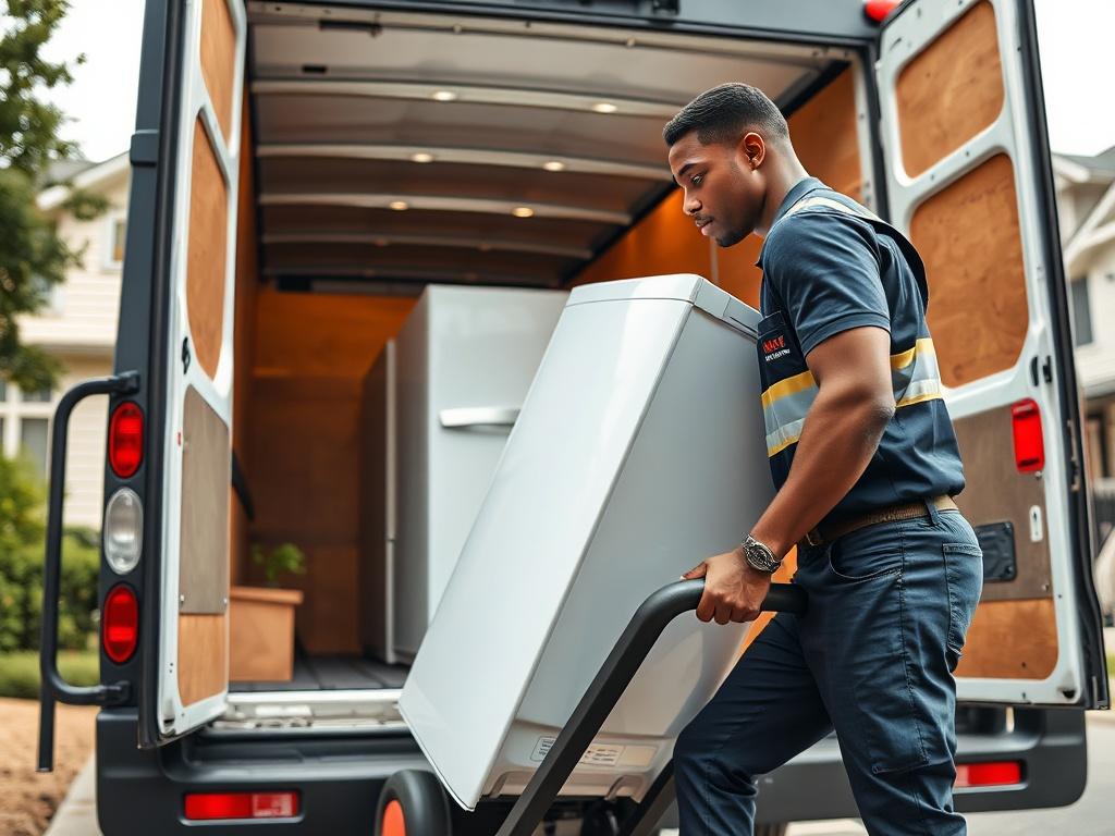 A realistic high-resolution image of a young Black handyman carefully unloading a refrigerator from a moving van, showcasing professionalism and attention to detail. The setting should be a residential area with a home in the background, highlighting a smooth delivery process. The handyman is wearing a branded uniform and is focused on safely placing the appliance on a dolly.