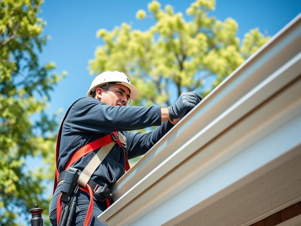 A close-up shot of a handyman cleaning gutters on a residential home. The handyman is wearing a safety harness and gloves, showcasing professionalism and safety. The background features a clear blue sky and a well-maintained house with green trees surrounding it, emphasizing the importance of home maintenance. The primary color scheme should incorporate a warm, inviting tone.