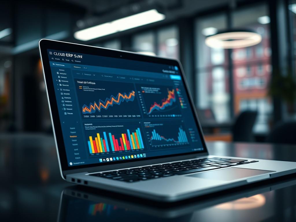 A close-up shot of a sleek laptop displaying a cloud ERP software interface. The screen shows colorful graphs and analytics, highlighting the efficiency of cloud solutions. The background features a blurred modern office setting, emphasizing a tech-savvy environment. The focus is on the laptop, representing the modern approach to business management through technology.