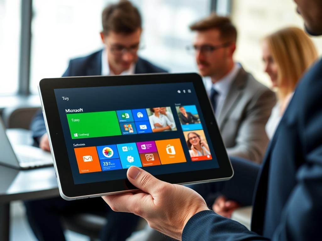 A close-up shot of a professional showcasing Microsoft software on a tablet during a business meeting. The tablet screen displays vibrant Microsoft apps, while the background features engaged colleagues discussing strategies. The focus is on the tablet, symbolizing the integration of modern technology in business operations.