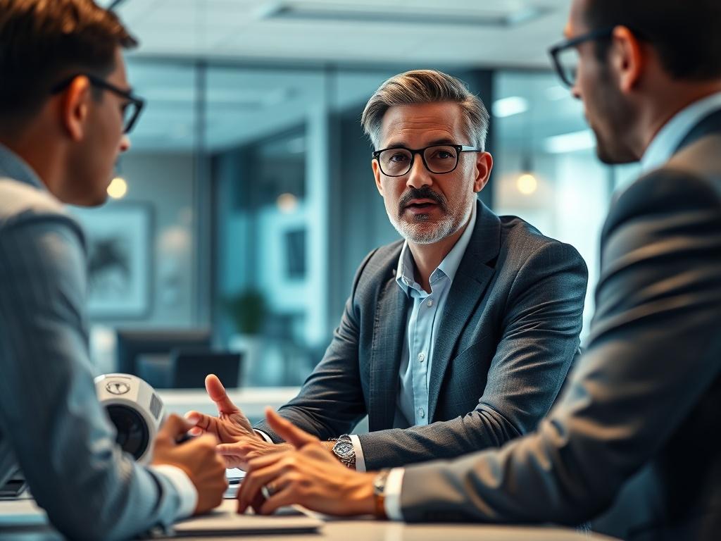 A close-up shot of a business consultant discussing strategies with a client in a modern office environment. The scene is well-lit, showcasing a professional atmosphere with a sleek desk and digital devices. The focus is on the consultant, who is engaged and animated, emphasizing collaboration and innovation. The background is blurred to maintain attention on the subjects, capturing the essence of strategic consulting.