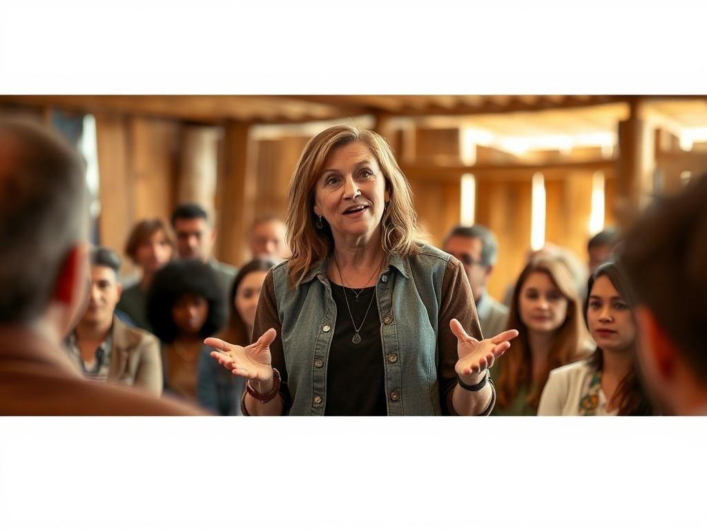 an engaging scene of Grace Shelly speaking at a community