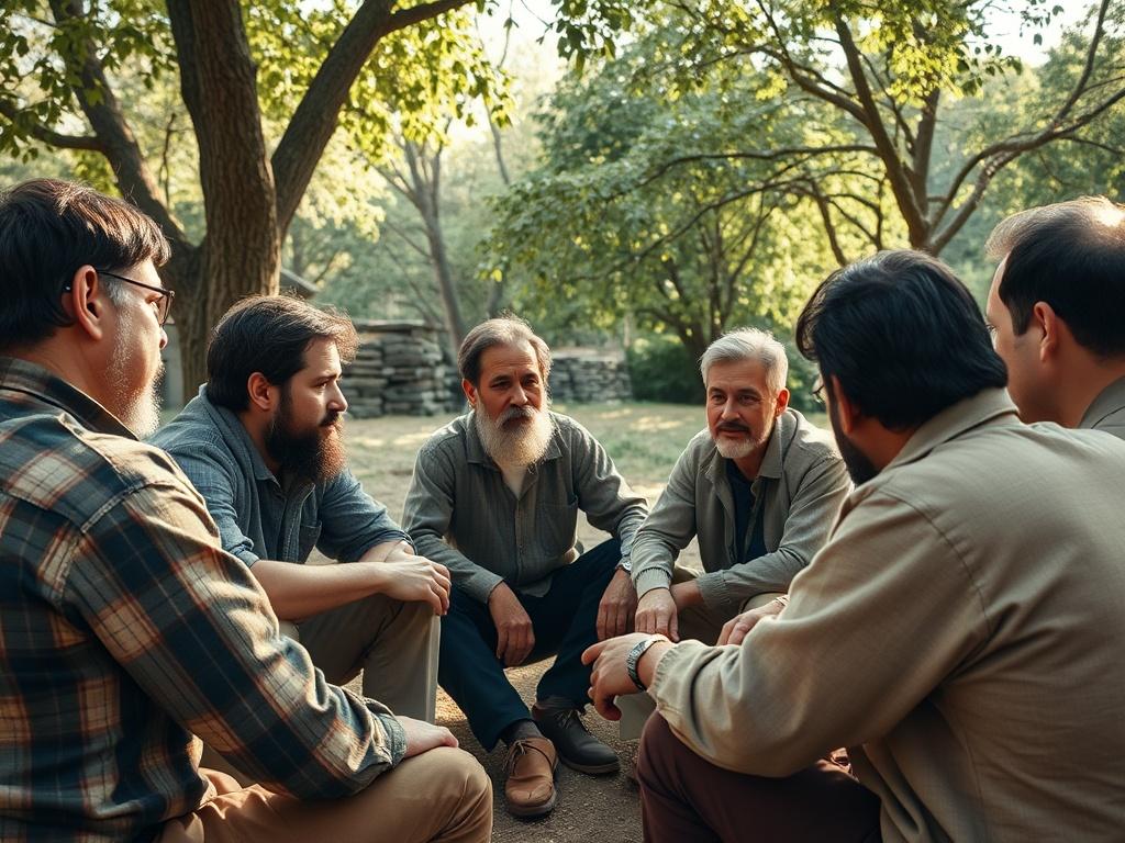 a serene outdoor setting with a group of men gathered