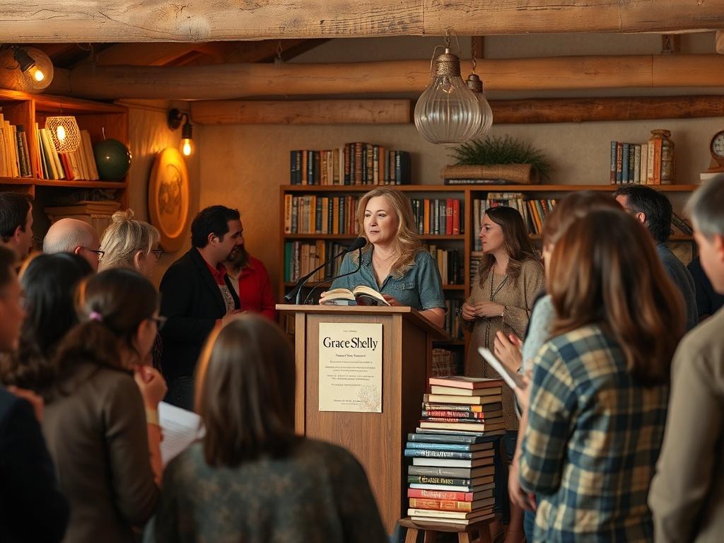 a cozy book launch event setting with Grace Shelly at