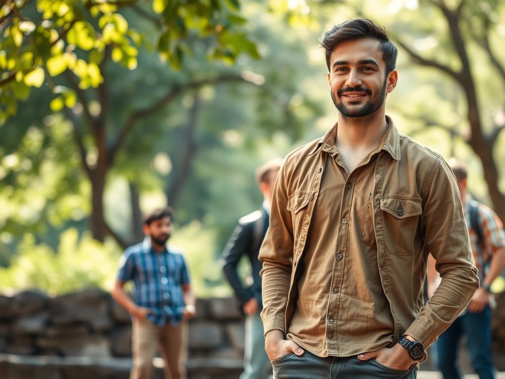 Create a realistic high-resolution photo that reflects a blog titled "The Good C#nt Legacy." The image should feature a solitary male figure, standing confidently in a relaxed outdoor setting, symbolizing empowerment and strength. He should have an open and approachable expression, engaging in a conversation with a small group of friends in the background, showcasing the essence of discussions surrounding men's mental health.

The subject should be dressed in casual yet stylish clothing, consisting of earth
