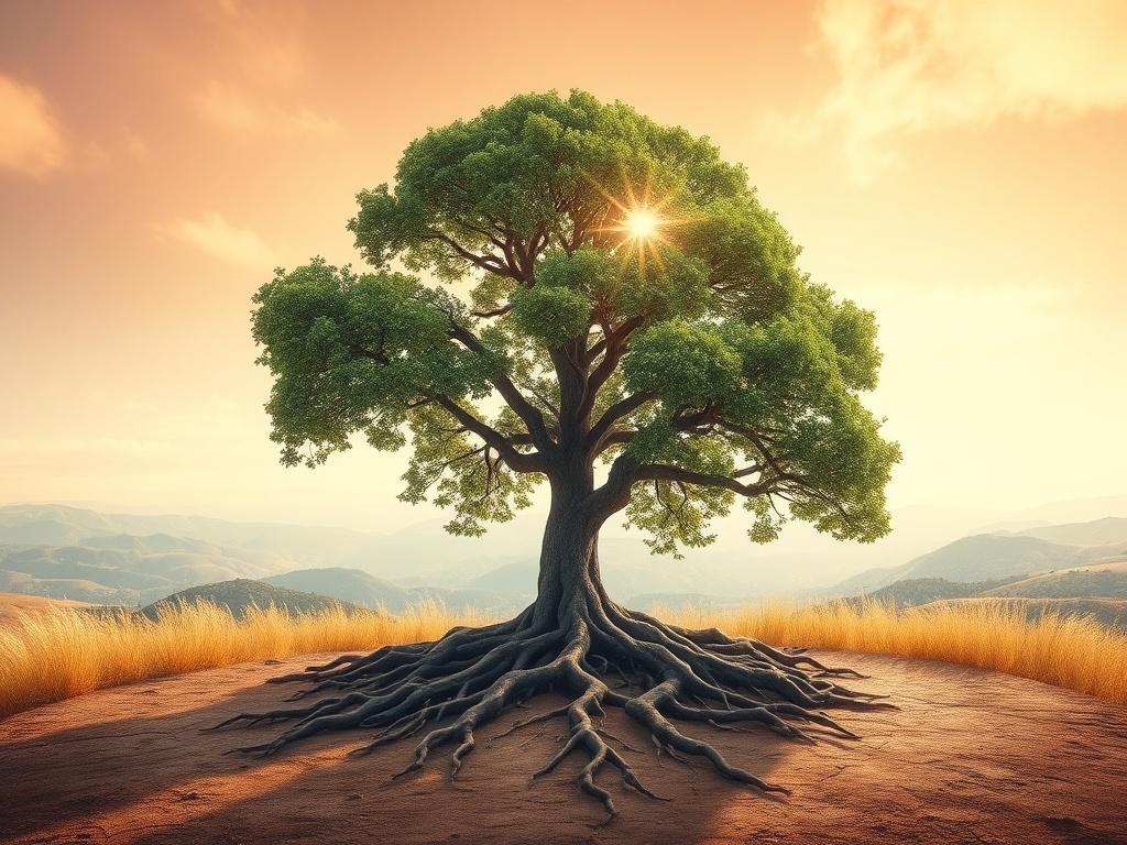 A single, strong tree with deep roots in a serene