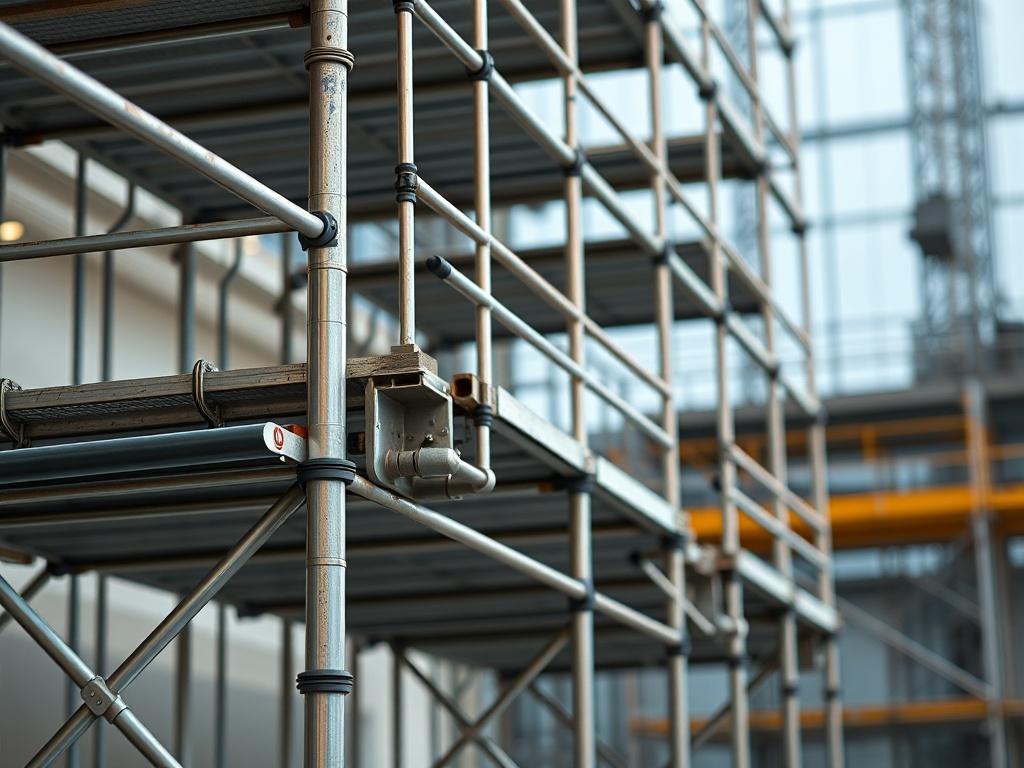 A hyper realistic close up of a scaffolding setup, showcasing