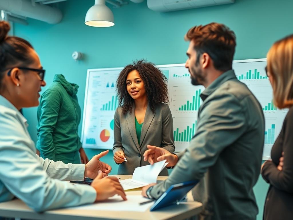 A vibrant close up shot of a marketing team brainstorming