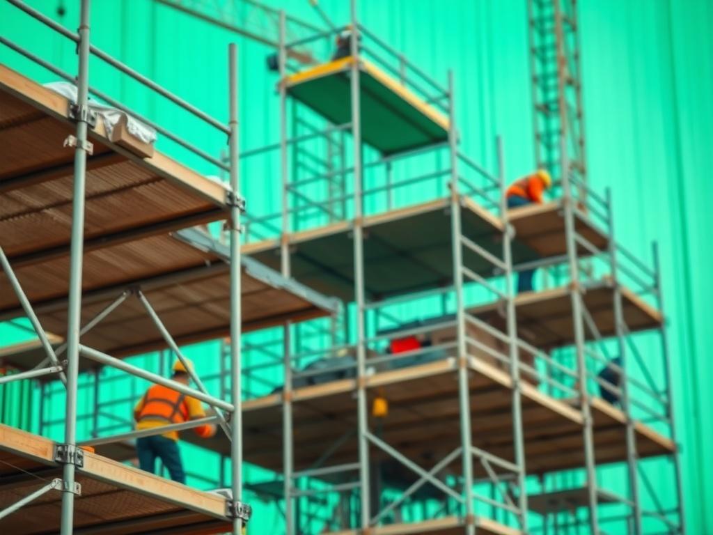 A close up shot of a construction site with scaffolding