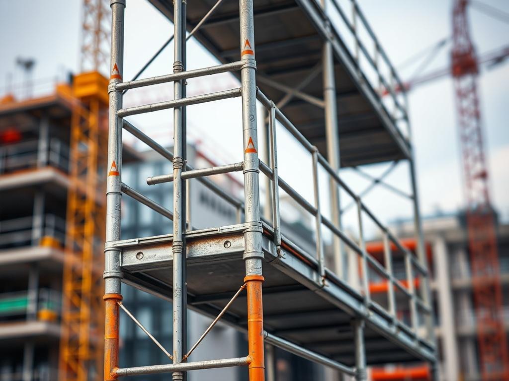 A hyper-realistic close-up shot of scaffolding equipment against a blurred backdrop of a construction site. The image should capture intricate details of the scaffolding, with a focus on its structure and design. The colors should align with an RGB palette of (50, 170, 39), emphasizing the professionalism and quality of the scaffolding services. The composition should be simple, showcasing only the scaffolding against the dynamic but soft background.