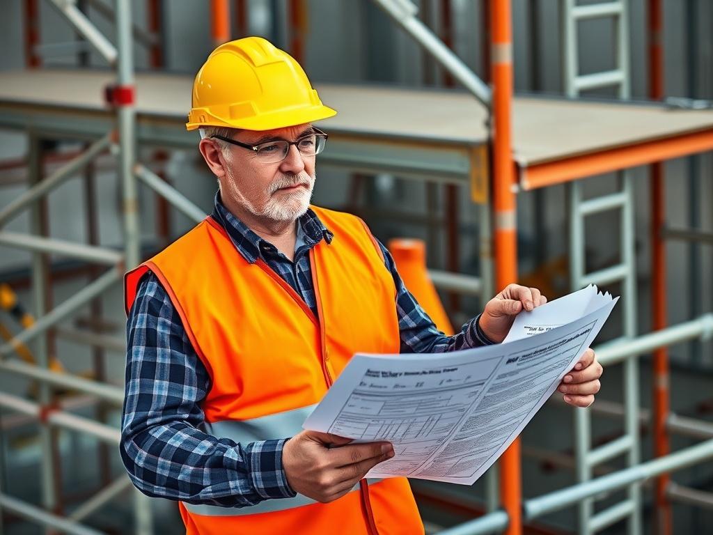 Create a highly detailed, realistic high-resolution image that captures the essence of a practical, informative blog titled "Top 5 Scaffolding Tips for Contractors." The composition should be simple and clear, featuring a single subject: a seasoned contractor in a construction setting. He should be depicted standing confidently on a sturdy scaffolding structure, wearing a hard hat and high-visibility safety vest. 

The contractor should be in the foreground, demonstrating a focused expression as he examines