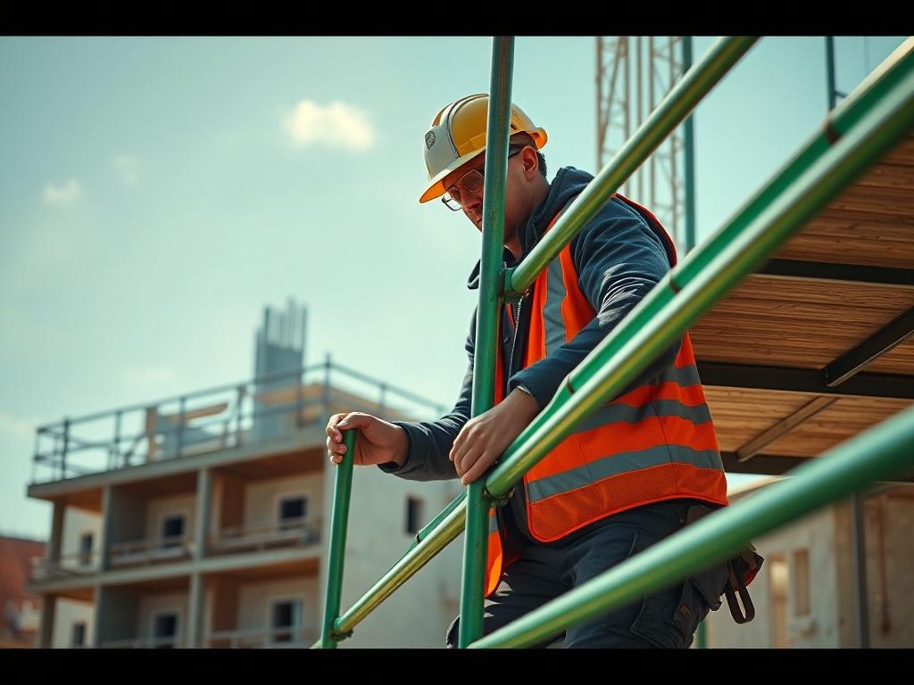 A hyper-realistic close-up shot of a construction site showcasing scaffolding in use. The image should focus on a skilled scaffolding expert diligently working on the structure, with safety gear prominently displayed. Background elements should include partially completed buildings to convey an active construction environment. The lighting should be bright and natural, enhancing the vibrant green color of the scaffolding materials, reflecting the rgb(50, 170, 39) primary color.