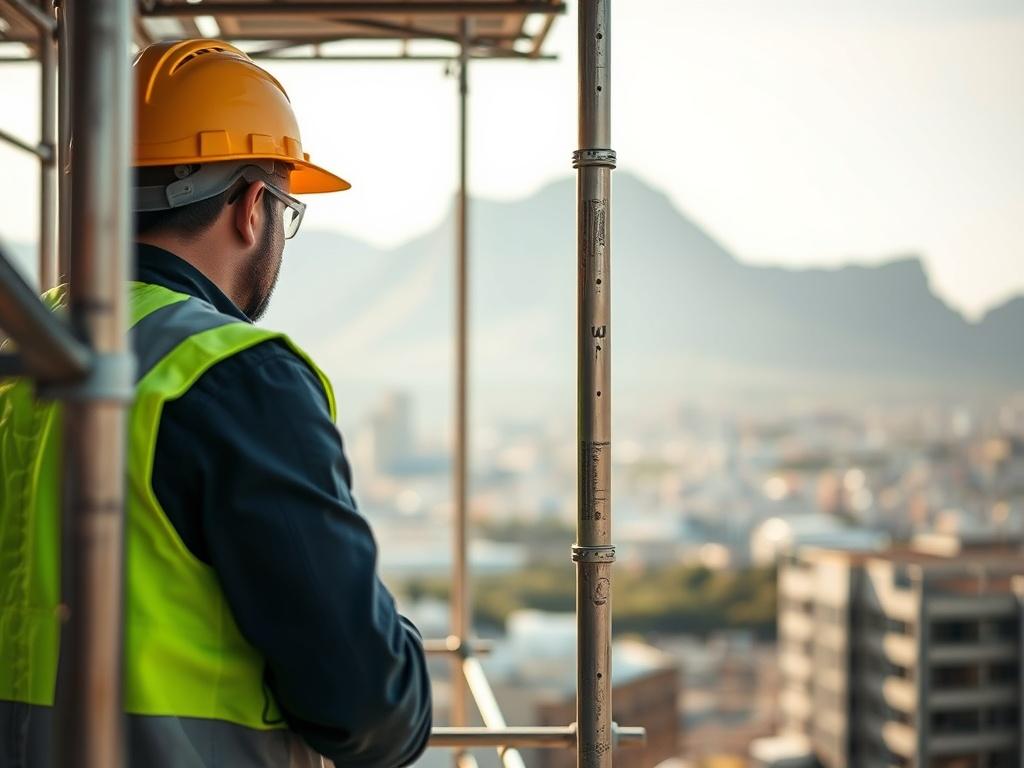 **AI Image Generation Prompt:**

Create a realistic high-resolution photo focusing on a single subject—a skilled scaffolding worker inspecting a scaffolding structure in an urban setting. The worker should be wearing a safety helmet and a reflective vest, showcasing professionalism and dedication to safety. The scaffolding should be prominently featured, illustrating the complexities and details of scaffolding work. 

In the background, include a glimpse of the iconic Table Mountain, reflecting Cape Town's 