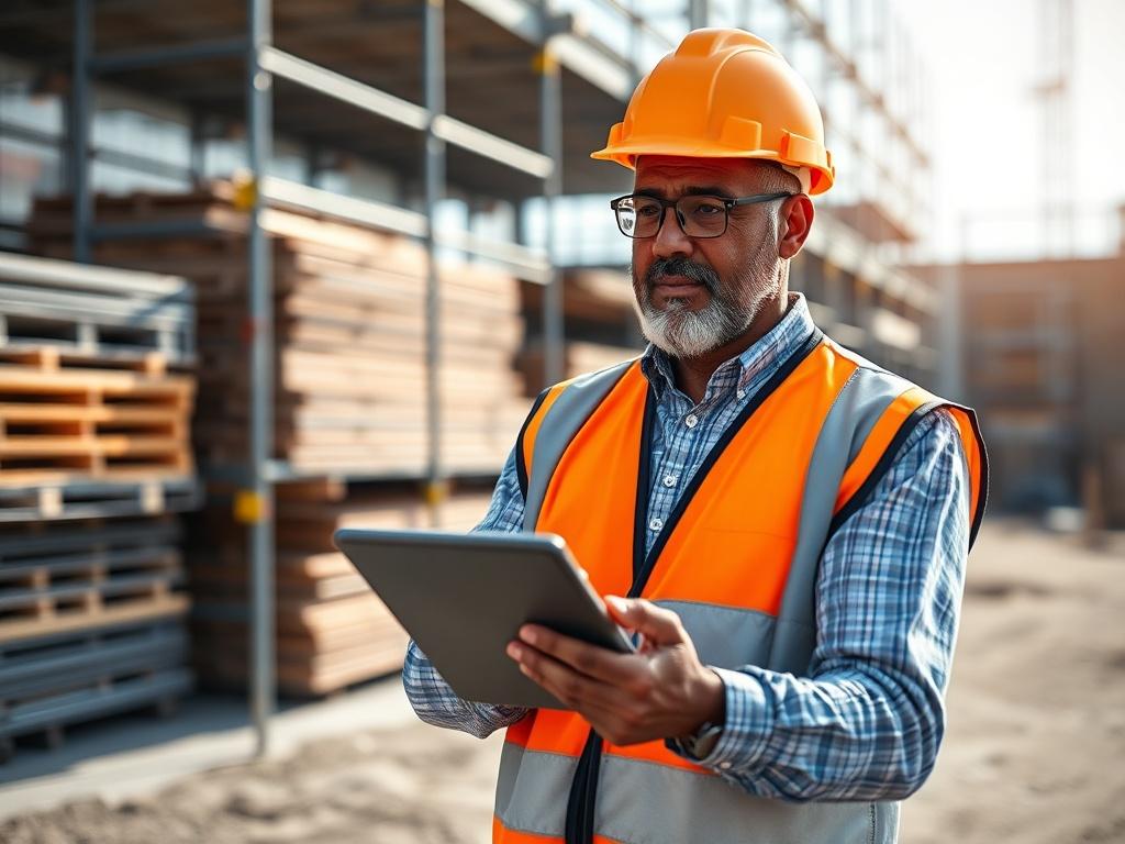 Create a realistic high-resolution photo that reflects the blog post titled "How Qualified Lead Routing Improves Your Scaffolding Business Efficiency." The composition should be simple and clear, featuring a single subject—a focused close-up of a professional scaffolding contractor reviewing a digital tablet. The contractor, a middle-aged South African man wearing a safety helmet and a high-visibility vest, should be depicted in a posed setting on a construction site, showcasing an organized stack of scaffo