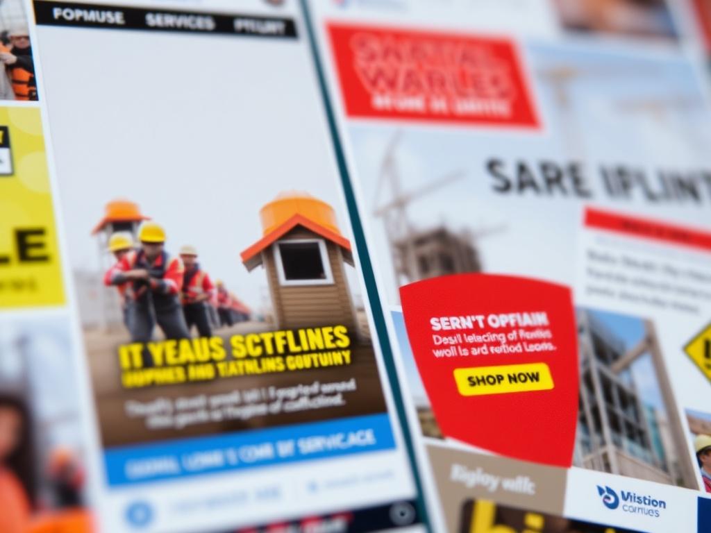 A close-up shot of digital marketing materials, including social media ads and website banners for scaffolding services. The image should show a vibrant design that grabs attention, with elements like construction images and promotional text. The background should be slightly blurred to keep focus on the marketing materials, illustrating a dynamic and modern approach to advertising.