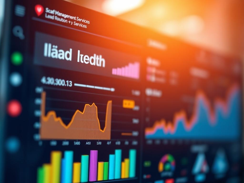 A focused shot of a digital dashboard displaying lead management data for scaffolding services. The image should feature graphs and metrics indicating lead routing efficiency. The background should be blurred to emphasize the dashboard while maintaining a professional and modern feel. The colors should be vibrant yet professional, showcasing a tech-savvy approach to lead management.