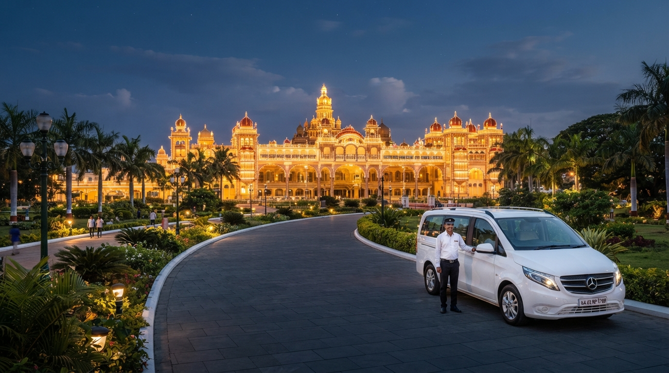 Mysore Palace illuminated at golden hour with a premium TravelSmart24 tour vehicle