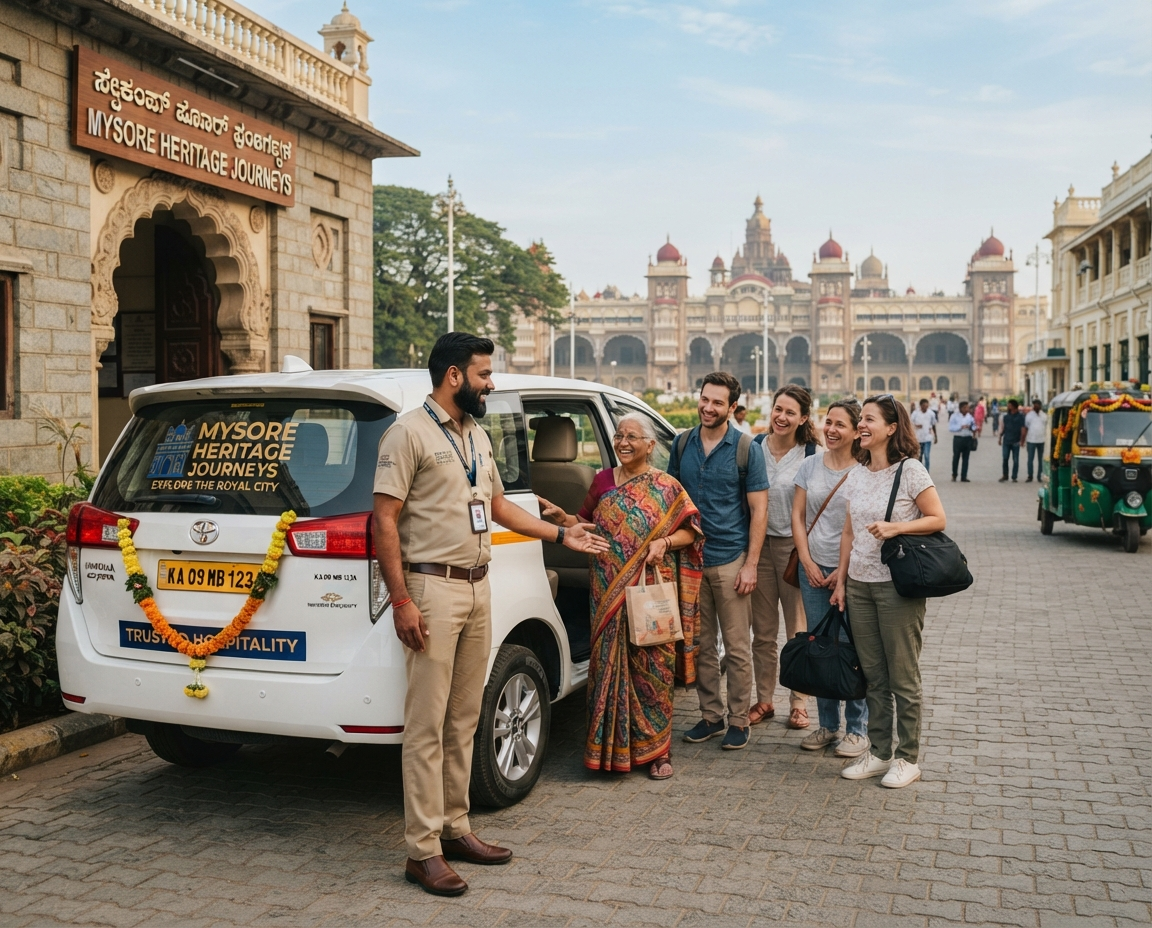 TravelSmart24 professional driver-guide welcoming guests aboard a well-maintained tour vehicle in Mysore