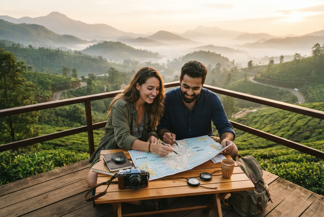 Couple planning a customized South India trip at a scenic viewpoint with green hills and mist