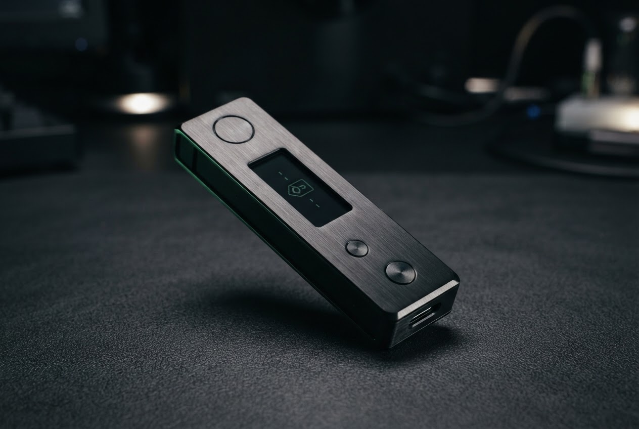 Photorealistic dark hardware wallet device on a black surface with subtle green edge lighting