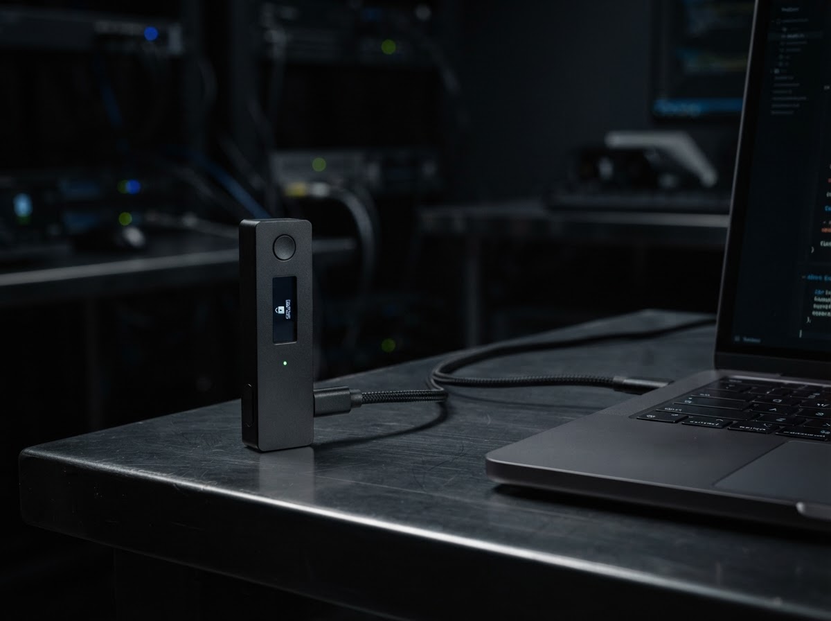 Black hardware wallet beside a laptop edge in a low-light secure technology environment