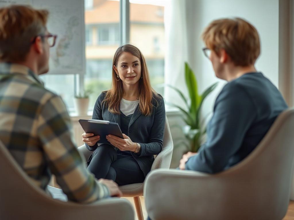 A thoughtful scene depicting a mental health assessment in progress, featuring a therapist and a client sitting across from each other in a well-lit office. The therapist, Dr. Susan Dutcher, is using a clipboard and notes while attentively listening to the client. The environment is calming, with plants and soft colors in the background, conveying a sense of safety and openness. The focus is on the engaging interaction and the importance of assessment in therapy.