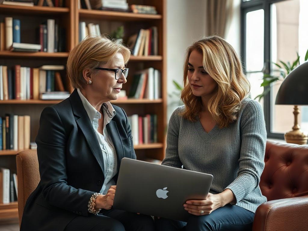 A close-up shot of a mentor and a mentee in a professional office setting, engaged in a focused discussion. The mentor, Dr. Susan Dutcher, is providing guidance to a young female therapist. The background features bookshelves filled with psychology literature and a cozy chair. The image should convey an atmosphere of learning and collaboration, with warm lighting that highlights the supportive relationship between the two professionals.