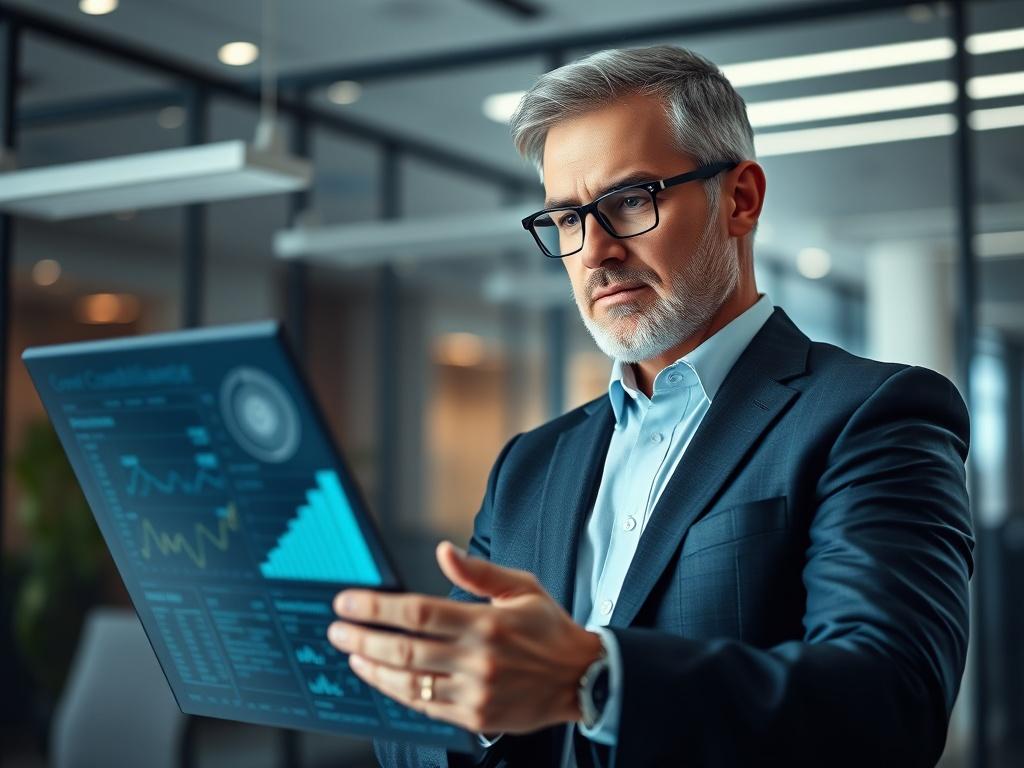 A close-up shot of a confident business professional analyzing compliance data on a modern digital interface. The background features a sleek office environment with soft lighting, creating a focused and professional atmosphere.