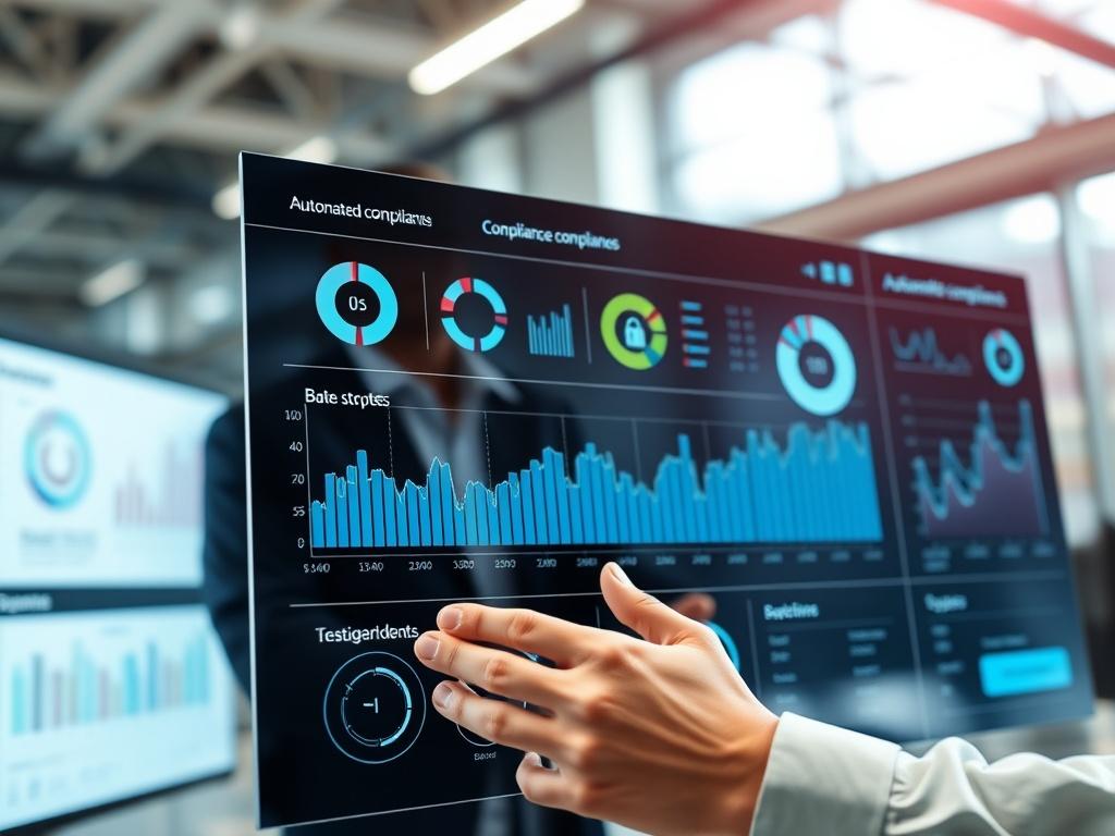 A close-up shot of a digital dashboard displaying automated compliance metrics, with a professional in the foreground analyzing the data. The background is a modern workspace, reflecting a tech-savvy environment.
