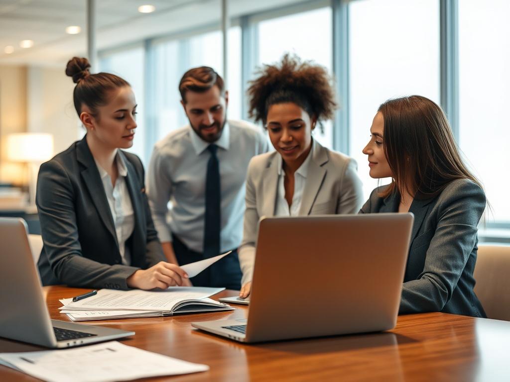 A close-up shot of a business meeting where professionals discuss customized compliance solutions, with documents and a laptop open in front of them. The background is a well-lit conference room, showcasing teamwork and collaboration.