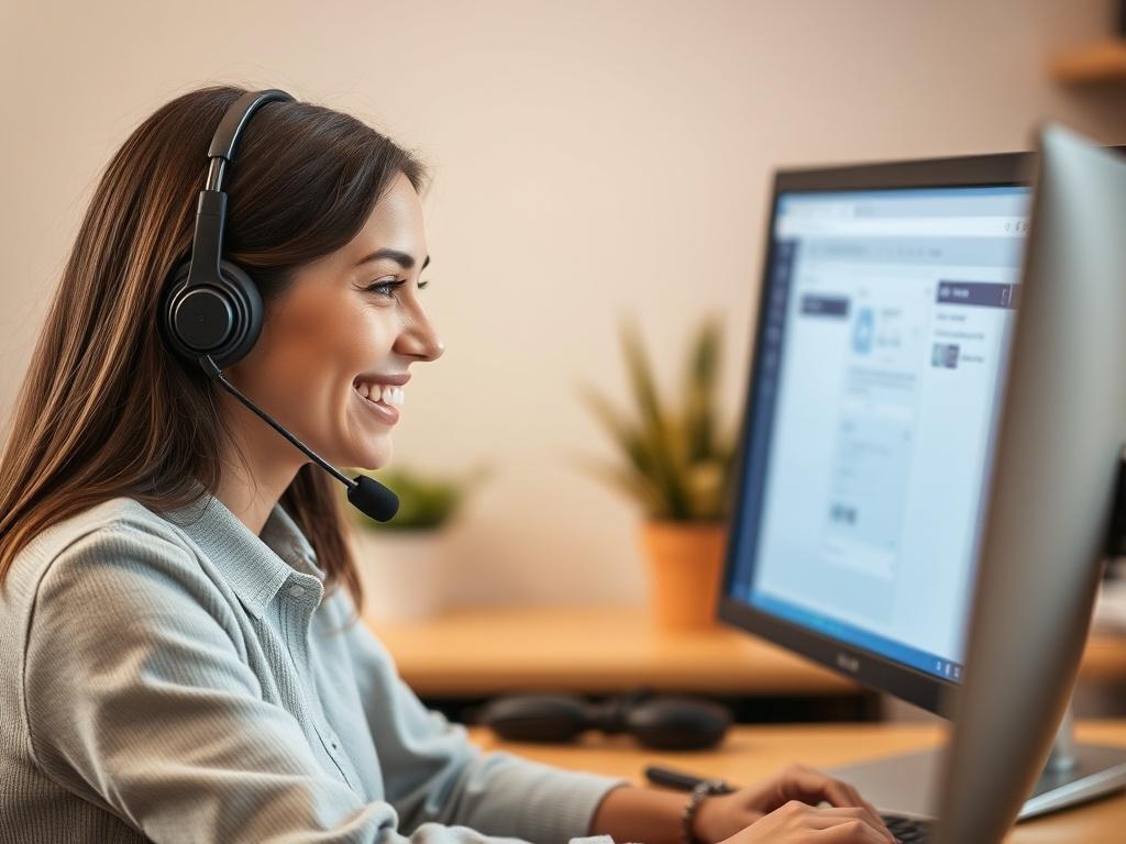 A close up shot of a customer support representative speaking