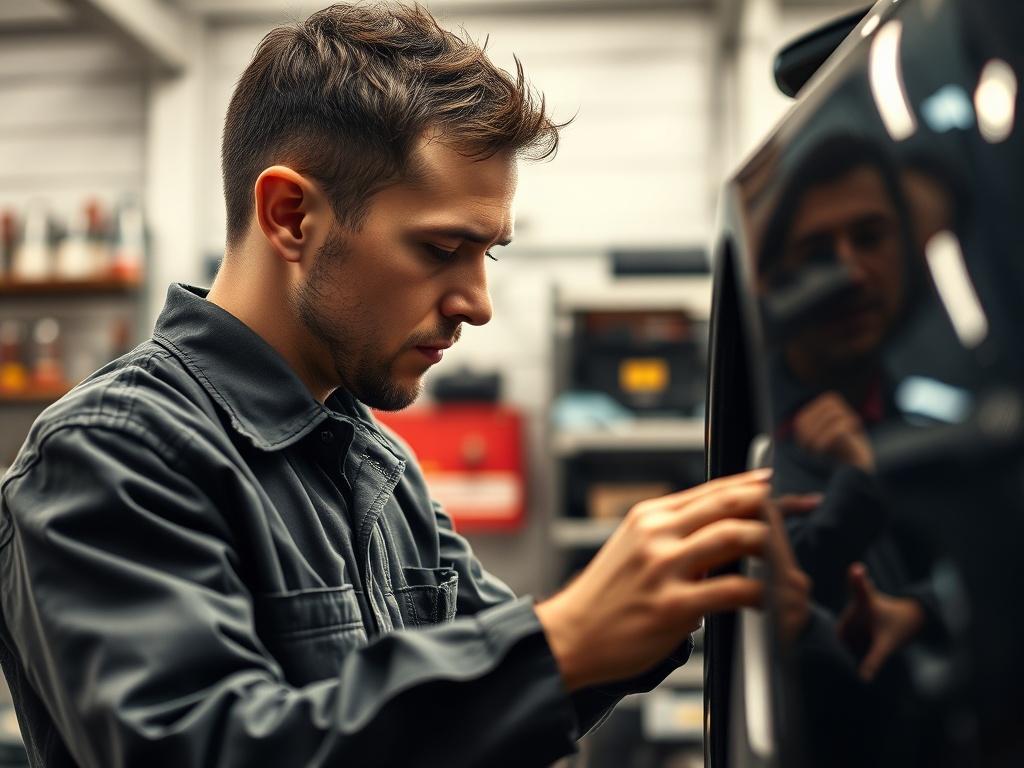 A close up shot of a mechanic inspecting a vehicle