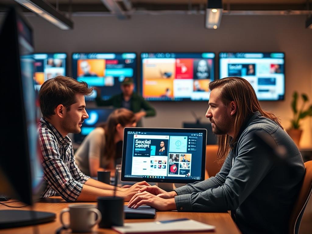 A dynamic shot of a team working on a computer and discussing website designs and social media content, with colorful graphics displayed on screens. The environment should reflect a tech-savvy workspace with modern design elements.