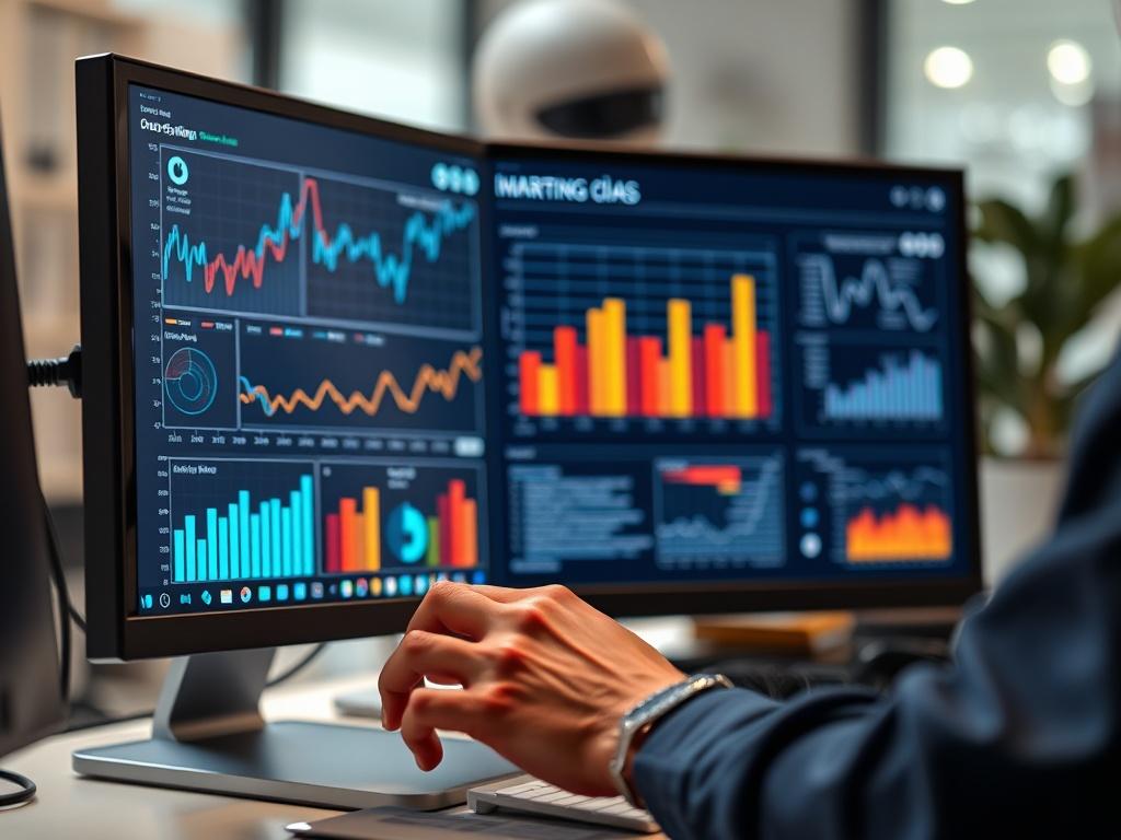 A close-up of a professional analyzing data on a computer screen, with graphs and analytics displayed. The background shows a focused workspace, emphasizing the importance of data-driven decision-making in marketing.