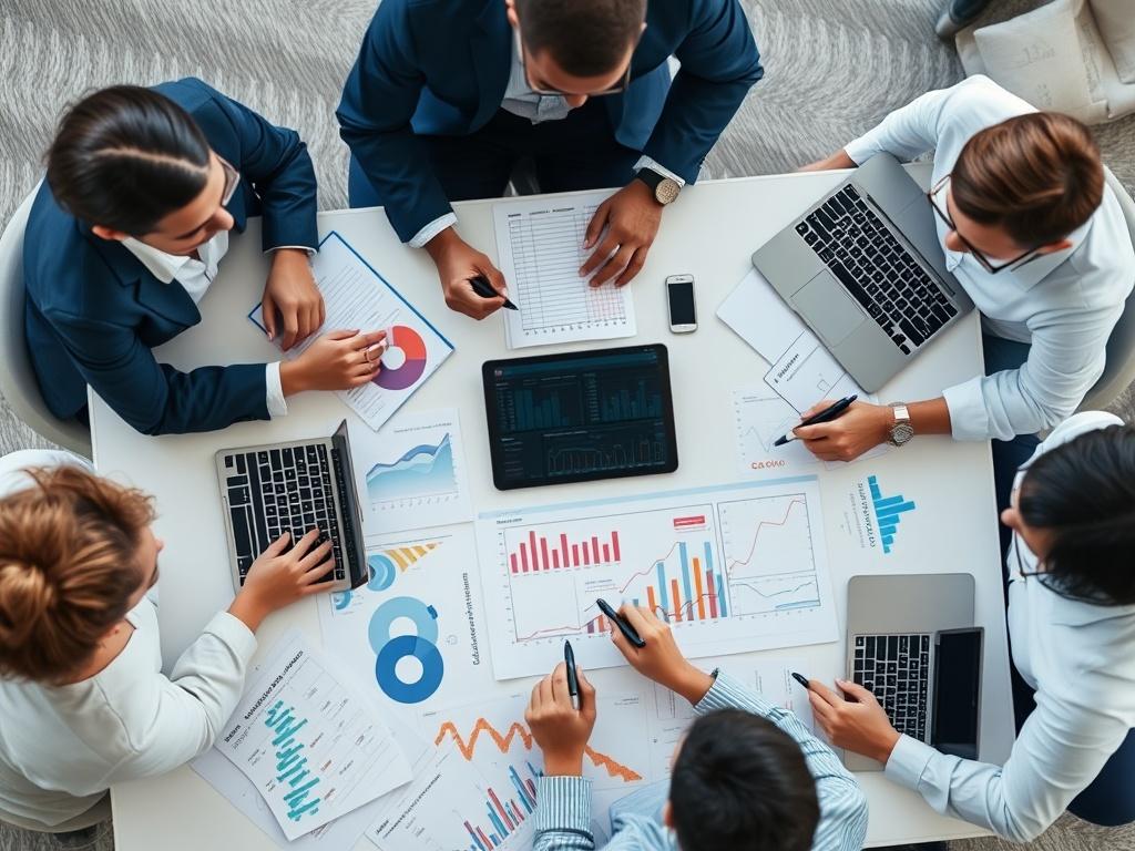 An overhead shot of a digital marketing strategy session, featuring charts, graphs, and laptops on a table. The image highlights a diverse group of professionals brainstorming and writing on a whiteboard. The atmosphere should convey energy and creativity.