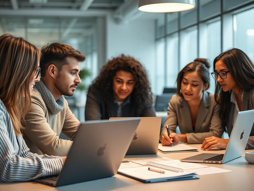 A close-up shot of a professional team having a meeting, discussing strategies with laptops and notes on the table. The background is a bright, modern office with a clean aesthetic. The image should focus on the engaged expressions of the team members, showcasing collaboration and brainstorming.