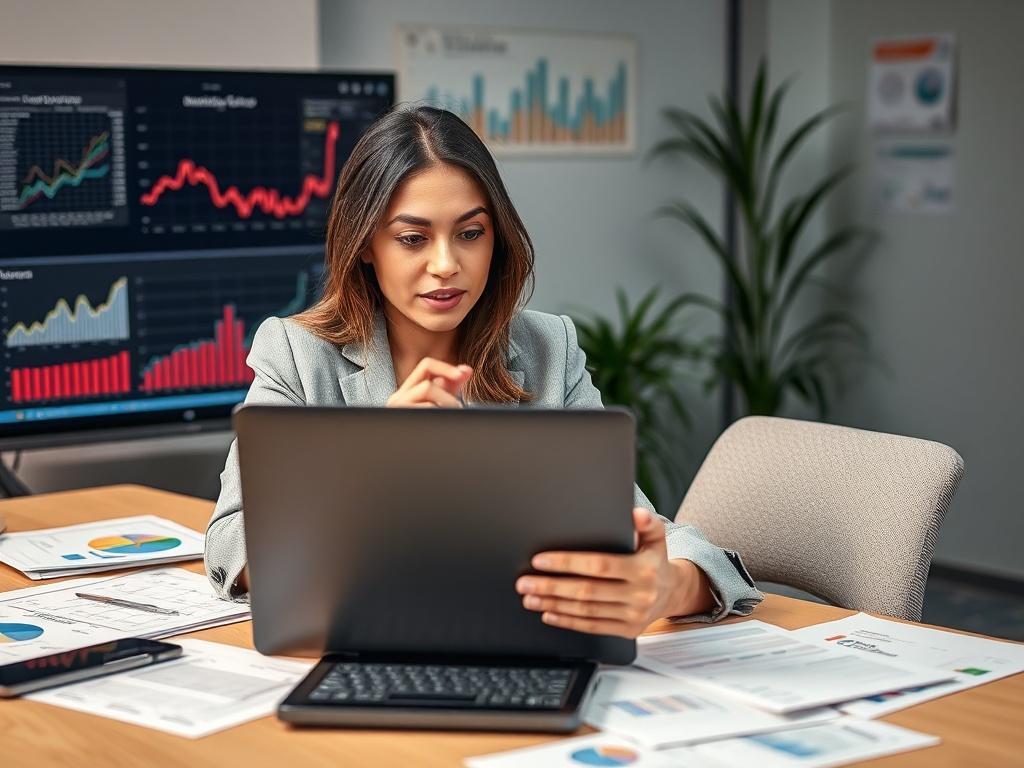 **Prompt for AI Image Generation:**

Create a highly realistic, high-resolution photo that visually encapsulates the concept of "Cómo Potenciar tu Negocio en 2025 con Marketing Digital Inteligente". The composition should be simple and clear, featuring a single subject—a confident business professional, preferably a woman of Hispanic descent, sitting at a modern workspace. She is engaged in a dynamic discussion on her laptop, conveying a sense of energy and focus.

The background should include elements tha