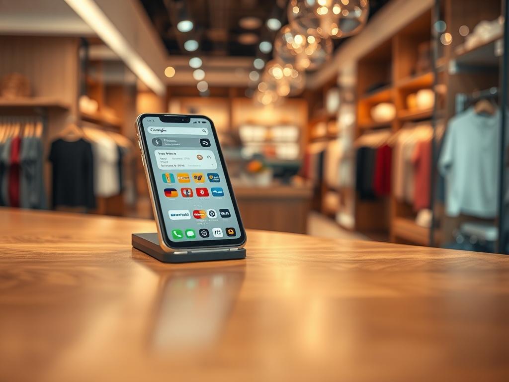 **AI Image Generation Prompt:**

Create a realistic high-resolution photo depicting a modern, sleek point-of-sale system in an elegant retail environment. The focal point of the image should be a single stylish smartphone with a payment processing app open on the screen, showcasing various payment icons such as credit cards, Apple Pay, and Google Pay. 

The smartphone should be placed on a polished wooden countertop, reflecting an inviting atmosphere. In the background, include soft-focus elements like a bu