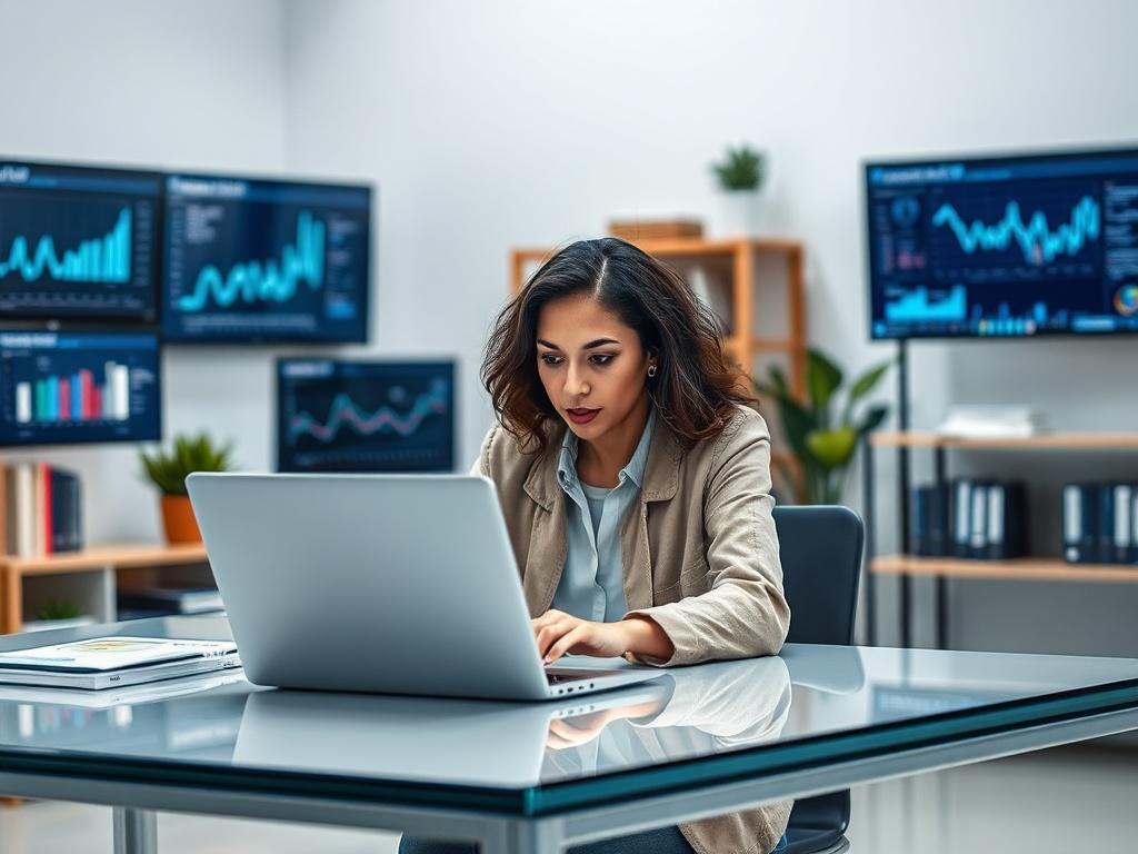 **AI Image Generation Prompt**

Create a realistic high-resolution image reflecting the theme of "🌐 Desarrollo Web Profesional y SEO: La Combinación Perfecta para Posicionar tu Negocio." The composition should be simple and clear, featuring a single subject in a professional environment. 

**Subject Matter**: The central subject should be a focused close-up of a young, diverse professional (preferably a Latina woman) sitting at a sleek modern desk, intently working on a laptop. She should appear engaged and