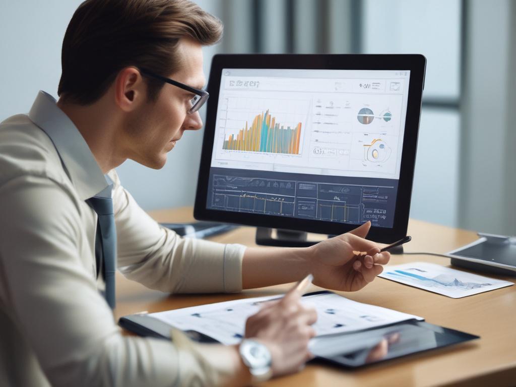 A detailed close-up shot of a digital transformation consultant explaining strategies to a client using a tablet, with charts and digital tools displayed on the screen. The background should convey a professional atmosphere, with soft lighting and a modern office design. The focus should be on the interaction between the consultant and the client, shot with a 45mm f/1.2 lens.