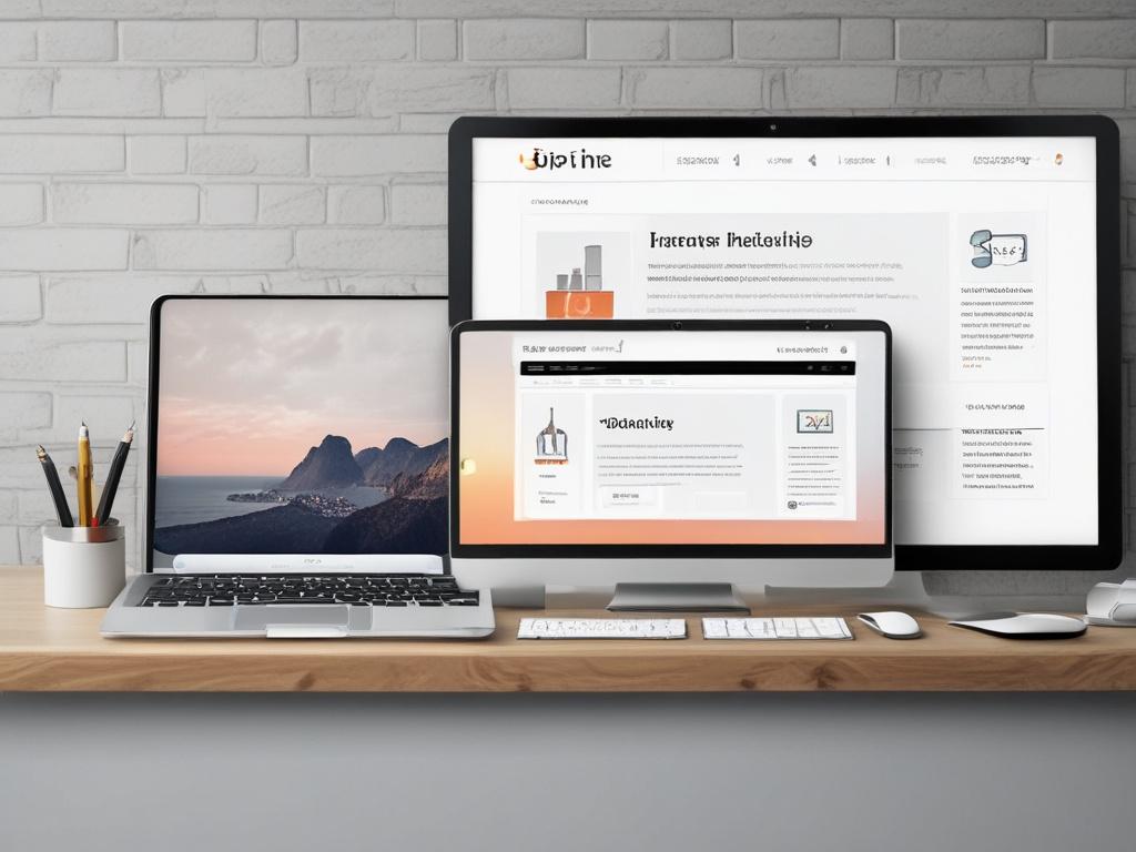 A hyper-realistic close-up shot of a modern website design on a computer screen, showcasing an attractive homepage layout. The setting should be a bright and inviting workspace with a plant in the background, emphasizing creativity and professionalism. The image should capture the details of the website's design, shot with a 45mm f/1.2 lens.