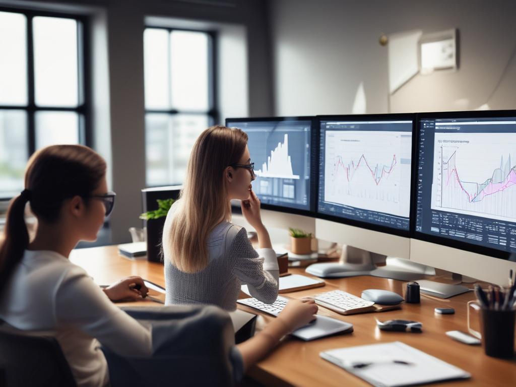 A high-resolution close-up shot of a digital marketing team working together, discussing strategies over a laptop, with a focus on charts and graphs on the screen. The background should be a modern office setting with a clean and professional look, highlighting collaboration and innovation, shot with a 45mm f/1.2 lens.