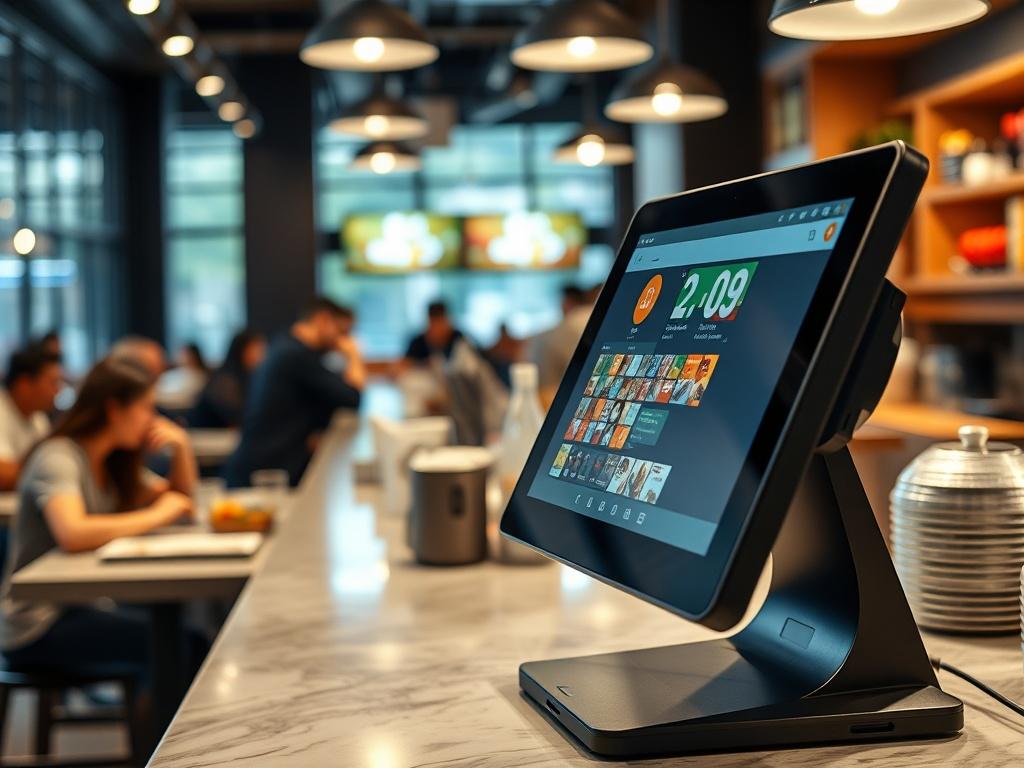A close-up shot of a modern, sleek Point of Sale (POS) system on a restaurant counter, displaying a user-friendly interface. The background shows a bustling restaurant environment, with customers enjoying their meals and staff engaging with them. The image is bright and inviting, emphasizing the technology’s accessibility and functionality. Shot with a 45mm f/1.2 lens to create a shallow depth of field, focusing on the POS system while softly blurring the restaurant background.