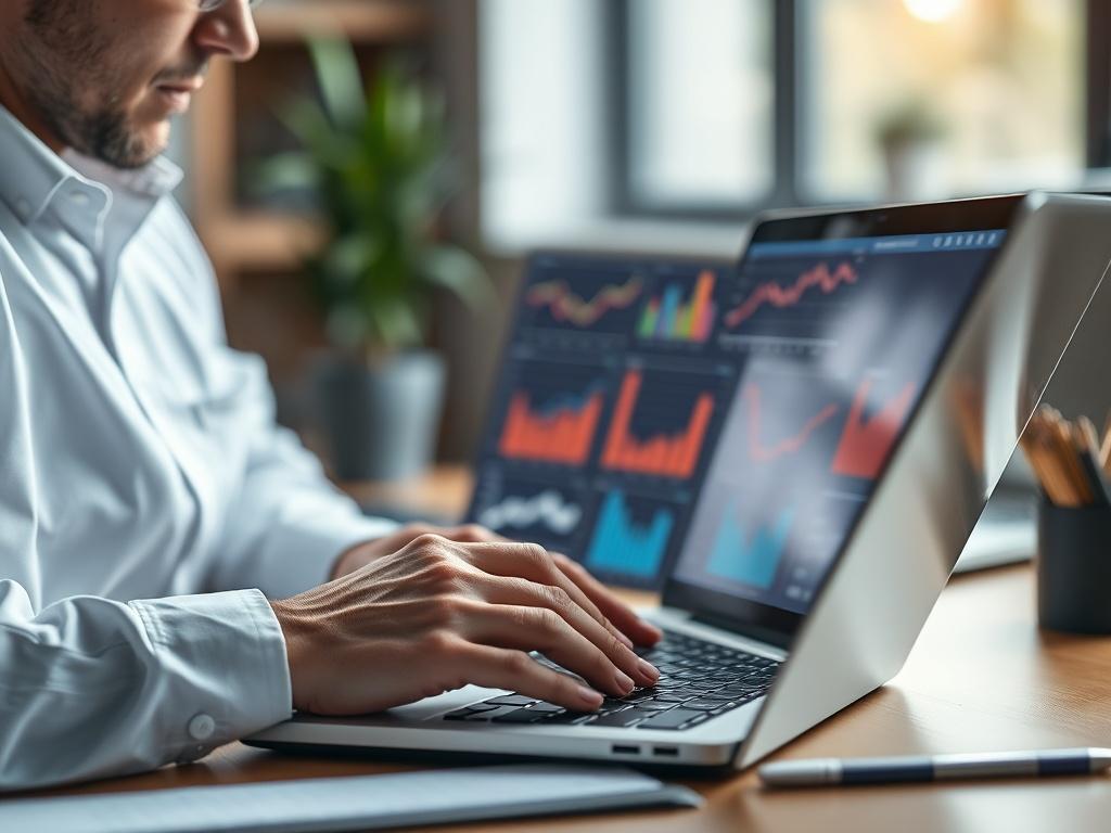 A close-up shot of a digital marketing expert analyzing data on a laptop, with charts and graphs displayed on the screen, in a focused and professional workspace.
