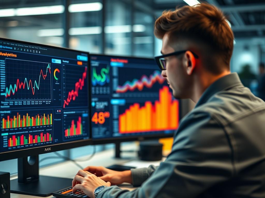 A close-up shot of a team member monitoring digital marketing analytics on a computer, with vibrant graphs and data displayed, indicating active engagement in a high-tech office.